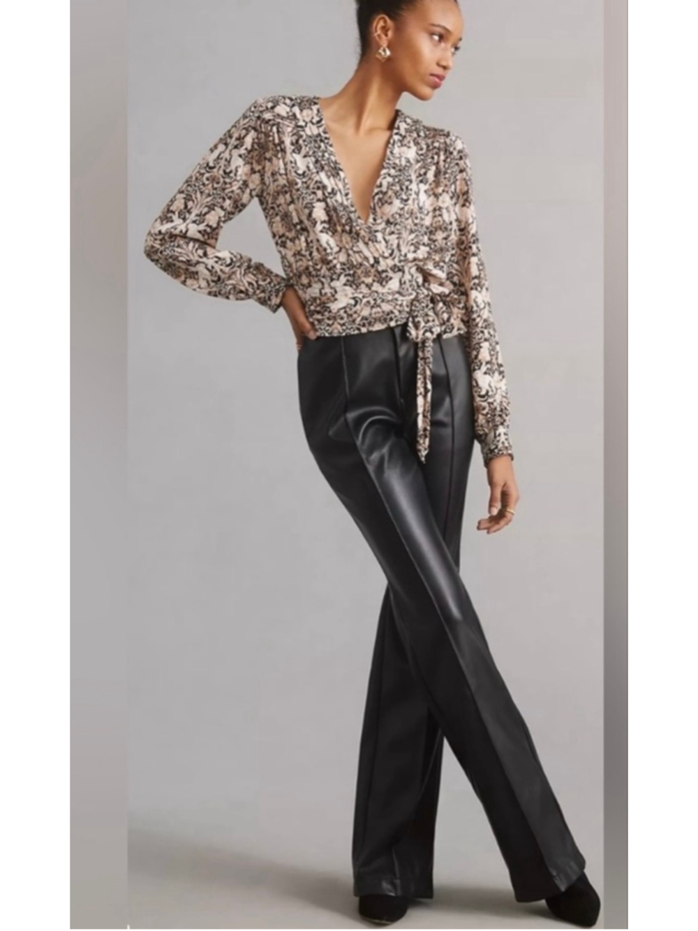 NEW ANTHROPOLOGIE Wrap Tie Front Rabbit Print Long Sleeve Blouse Size XL